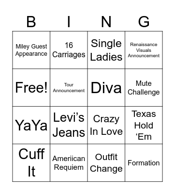 Beyoncé Bowl Bingo Card