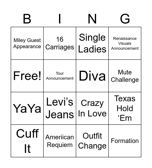 Beyoncé Bowl Bingo Card