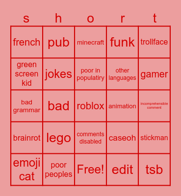 yt shorts Bingo Card