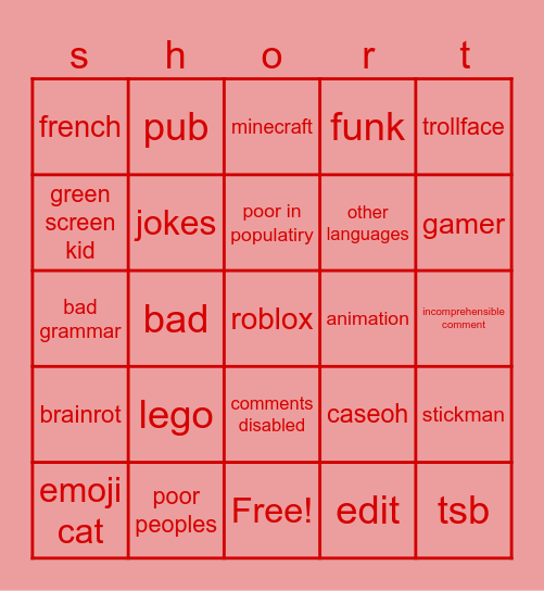 yt shorts Bingo Card