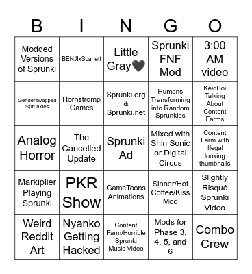 Sprunki Bingo Card