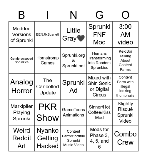 Sprunki Bingo Card