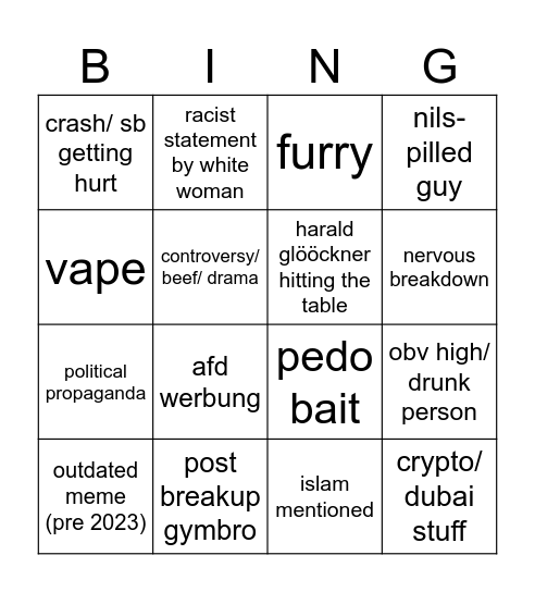 tiktok cringe Bingo Card