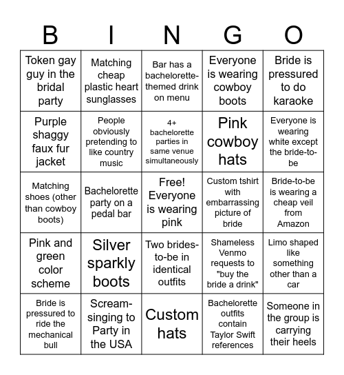 Bachelorette Bingo Card