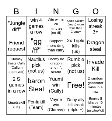 Cally and Clumsy Date DAY Bingo Card