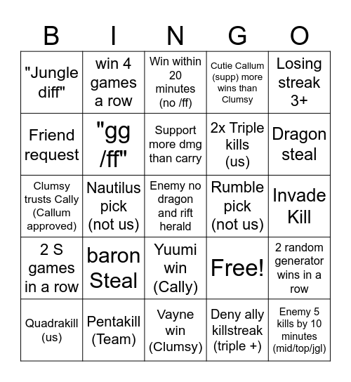 Cally and Clumsy Date DAY Bingo Card