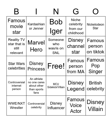 Plummer + Kevin Celebrity Disney Bingo Card