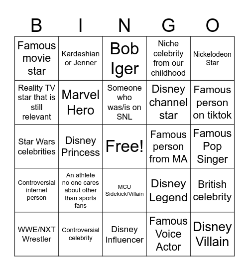 Plummer + Kevin Celebrity Disney Bingo Card