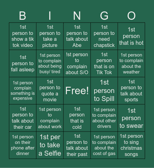 family bingo Card