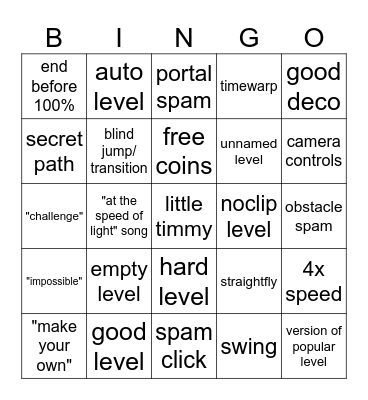 Geometry Dash recent tab Bingo Card