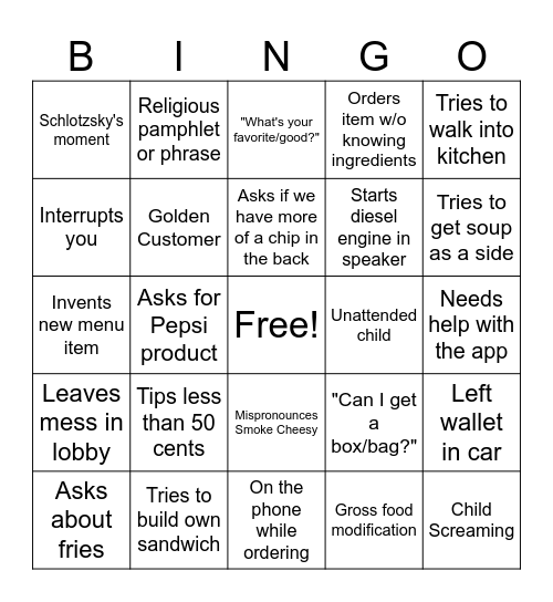 Customer Bingo Card