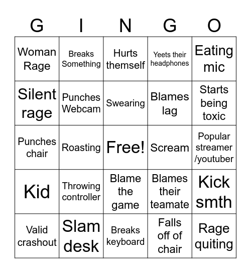 Gamer Rage Bingo Card