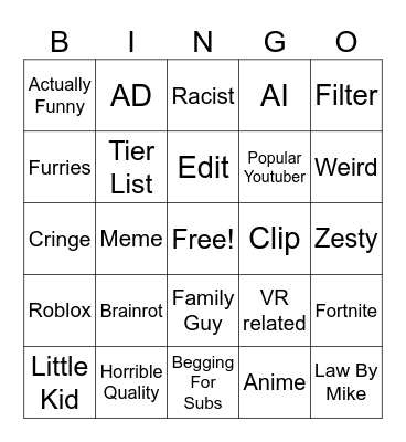 YT Shorts Bingo Card