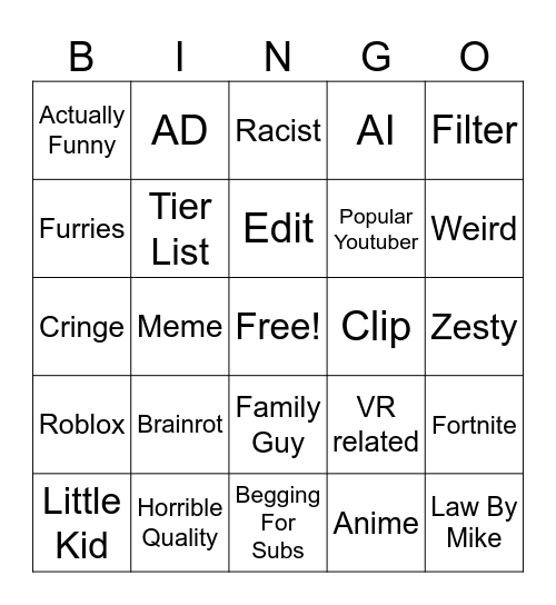 YT Shorts Bingo Card