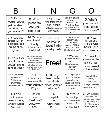 CHRISTMAS QUESTIONS Bingo Card