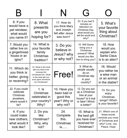 CHRISTMAS QUESTIONS Bingo Card