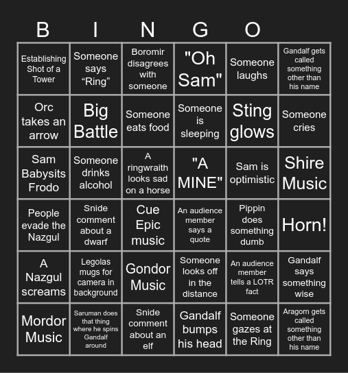 LOTR - The Fellowship of the Ring Bingo Card