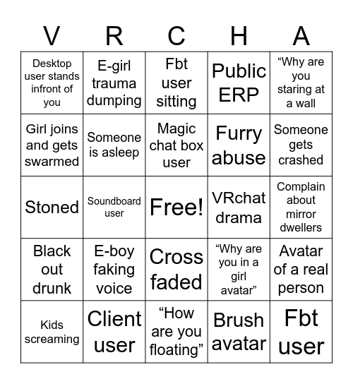 Vrchat Bingo Card