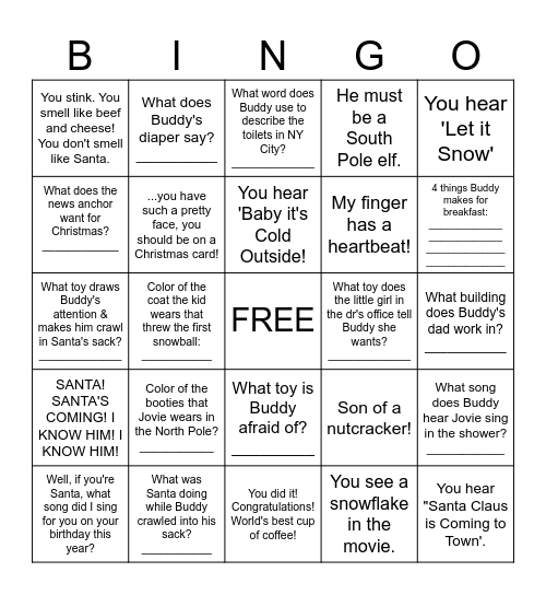 ELF MOVIE Bingo Card