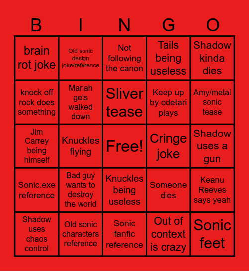 Sonic 3 bingo Card