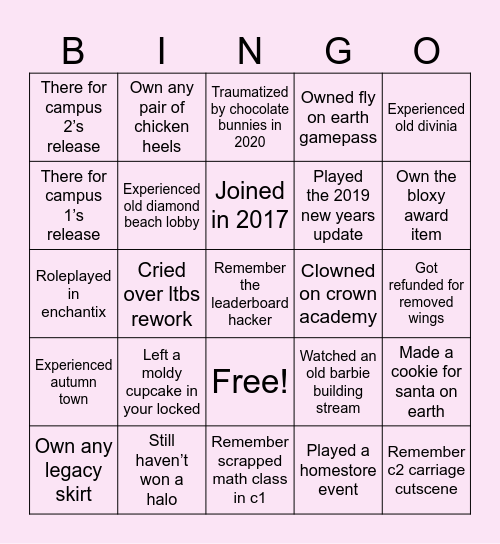 RH OG Player Bingo Card