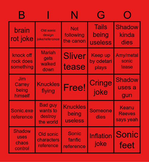 Sonic 3 bingo Card