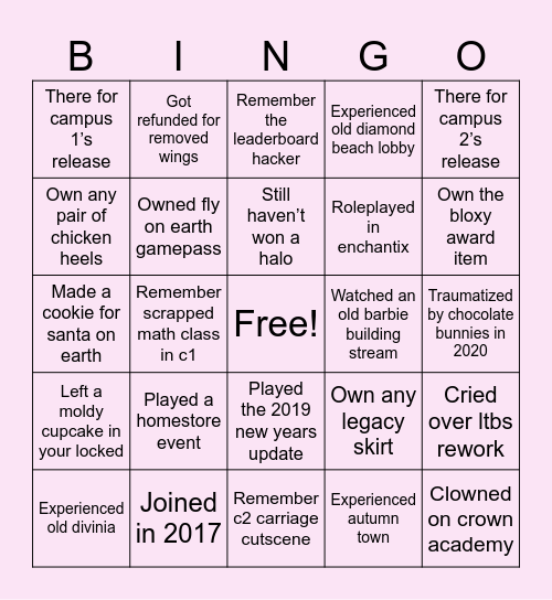 RH OG Player Bingo Card