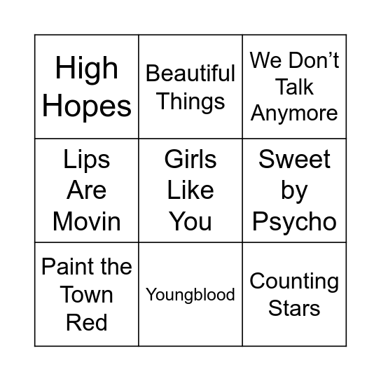 Music Bingo (Songs) Bingo Card