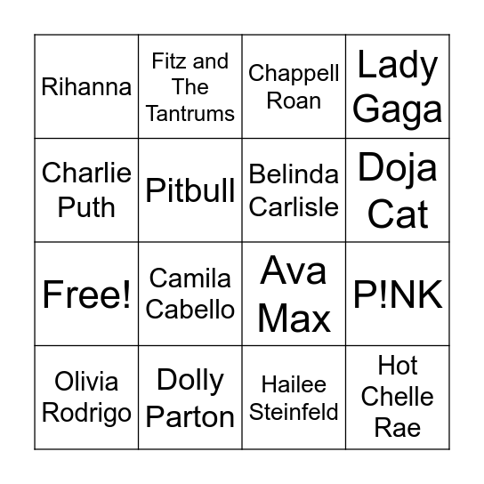 Music Bingo (Artists) Bingo Card