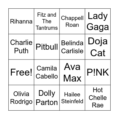 Music Bingo (Artists) Bingo Card