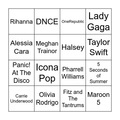 Music Bingo (Artists) Bingo Card