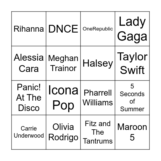 Music Bingo (Artists) Bingo Card