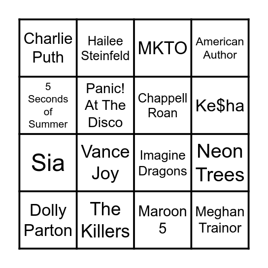 Music Bingo [Artists] Bingo Card