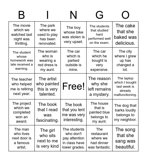 Adjective Clauses Bingo Card