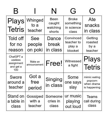 school bingo Card