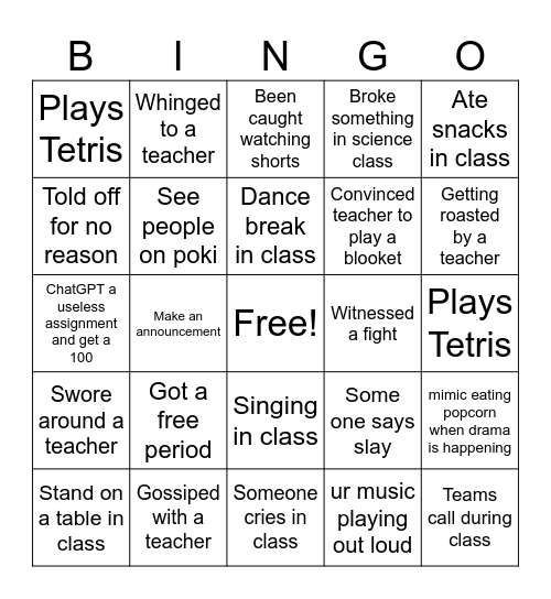 school bingo Card