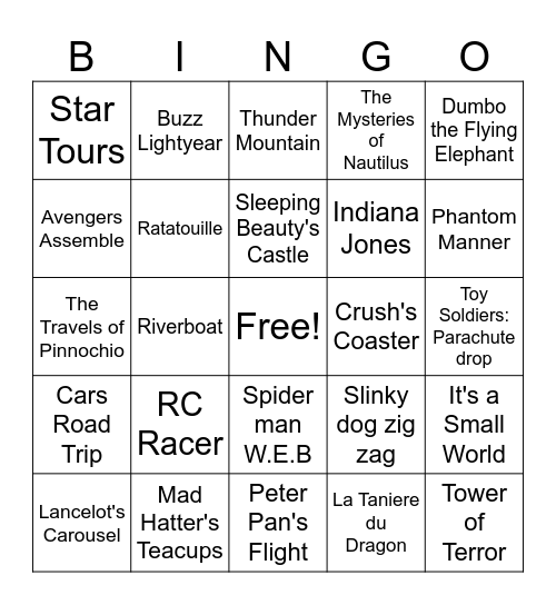 Disneyland Rides Bingo Card