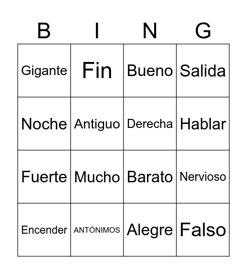 BINGO ANTÓNIMOS Bingo Card