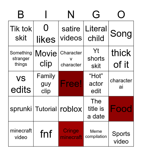 YouTube shorts Bingo Card