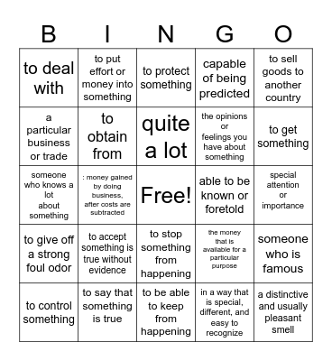 Vocabulary 7A and 7B Bingo Card