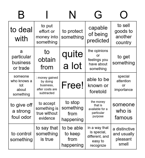 Vocabulary 7A and 7B Bingo Card