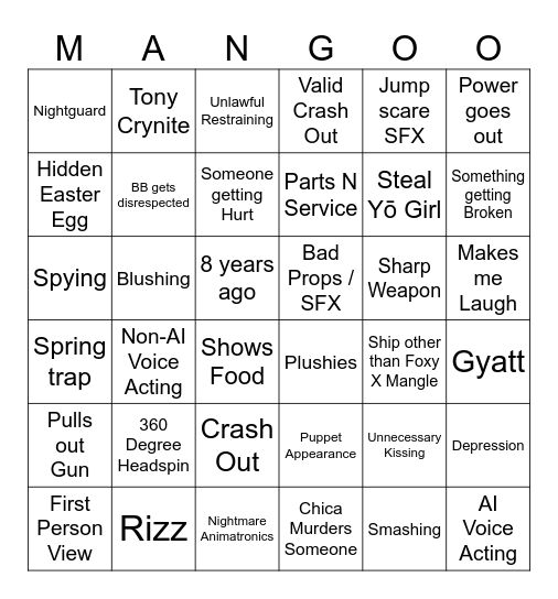 Foxy X Mangle BINGO Card