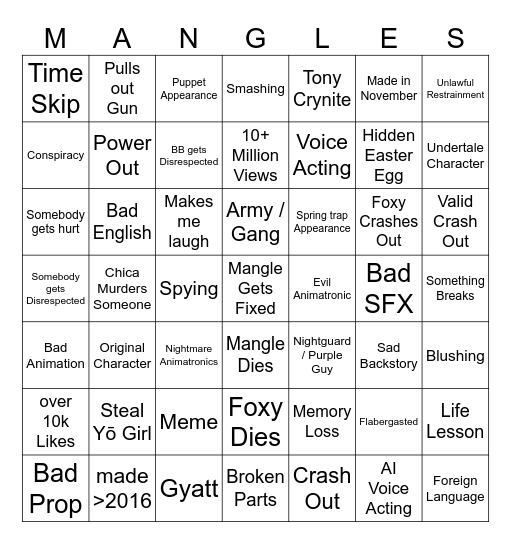 Foxy X Mangle BINGO Part Two Bingo Card