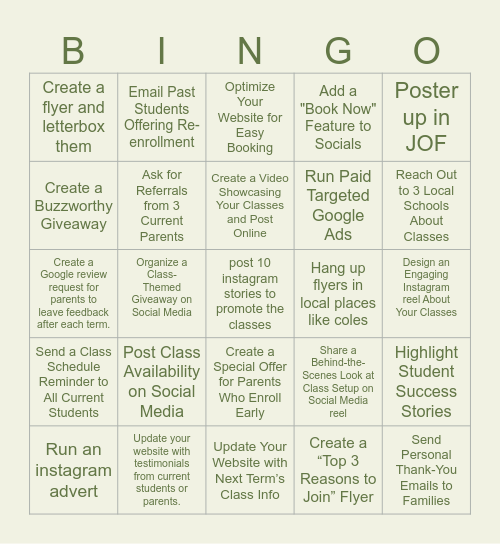 Fill the classes! Bingo Card