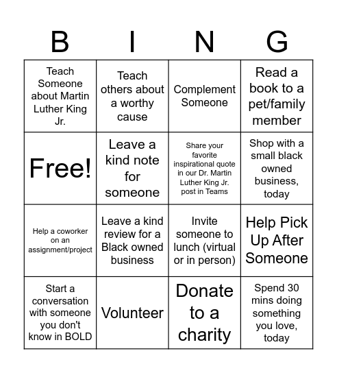 Dr. Martin Luther King Jr. Day Bingo Card