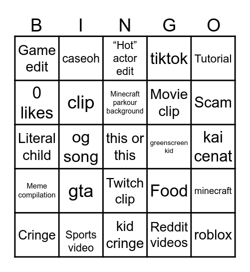 YouTube shorts Bingo Card