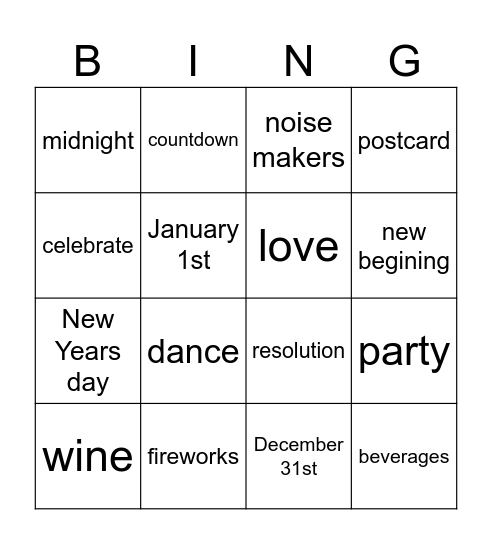 New Year Bingo Card