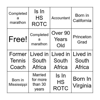 Friends & Family Bingo Card