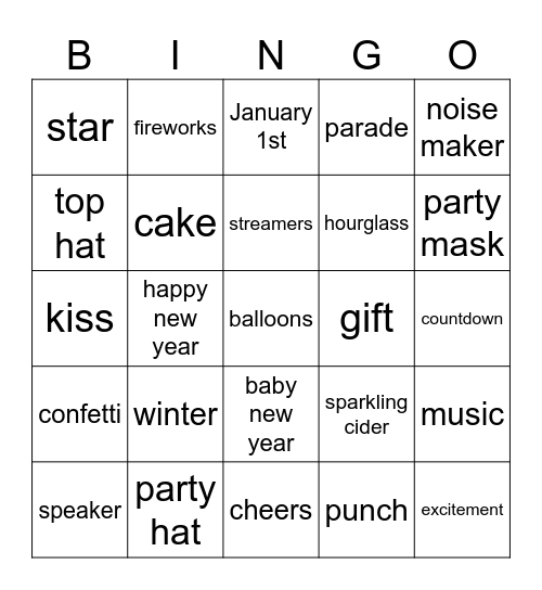 New Years Bingo Card