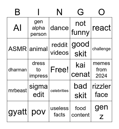 youtube shorts bingo Card